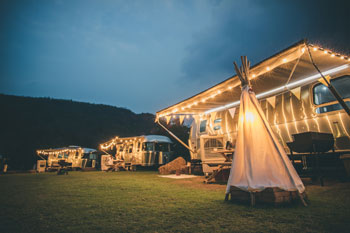 Patio lights make an RV campsite festive.