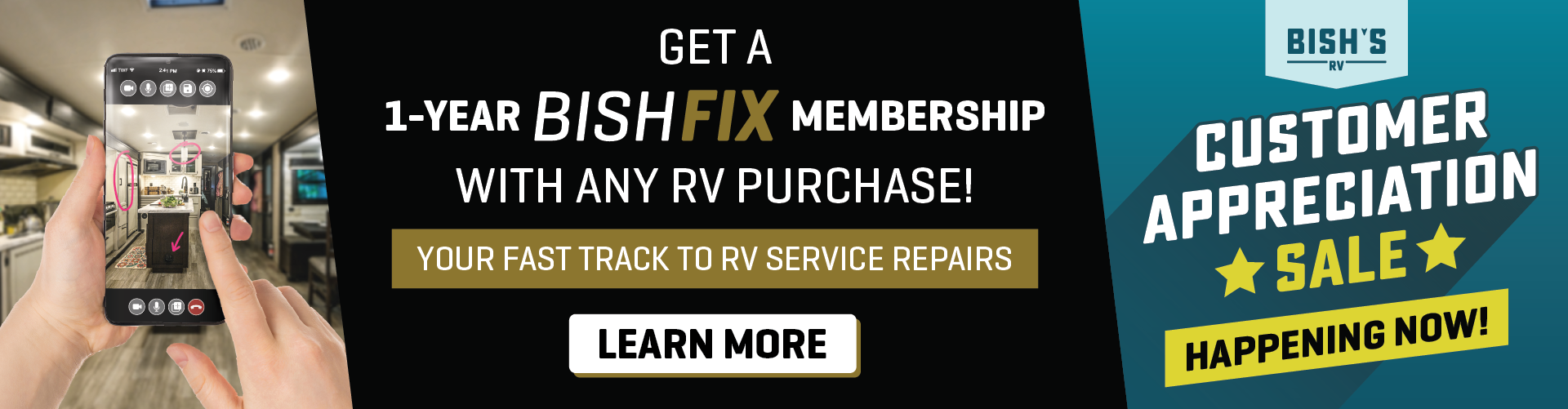 Receive a 1-year BishFix Membership with any RV purchase - your fast track to RV service repairs!