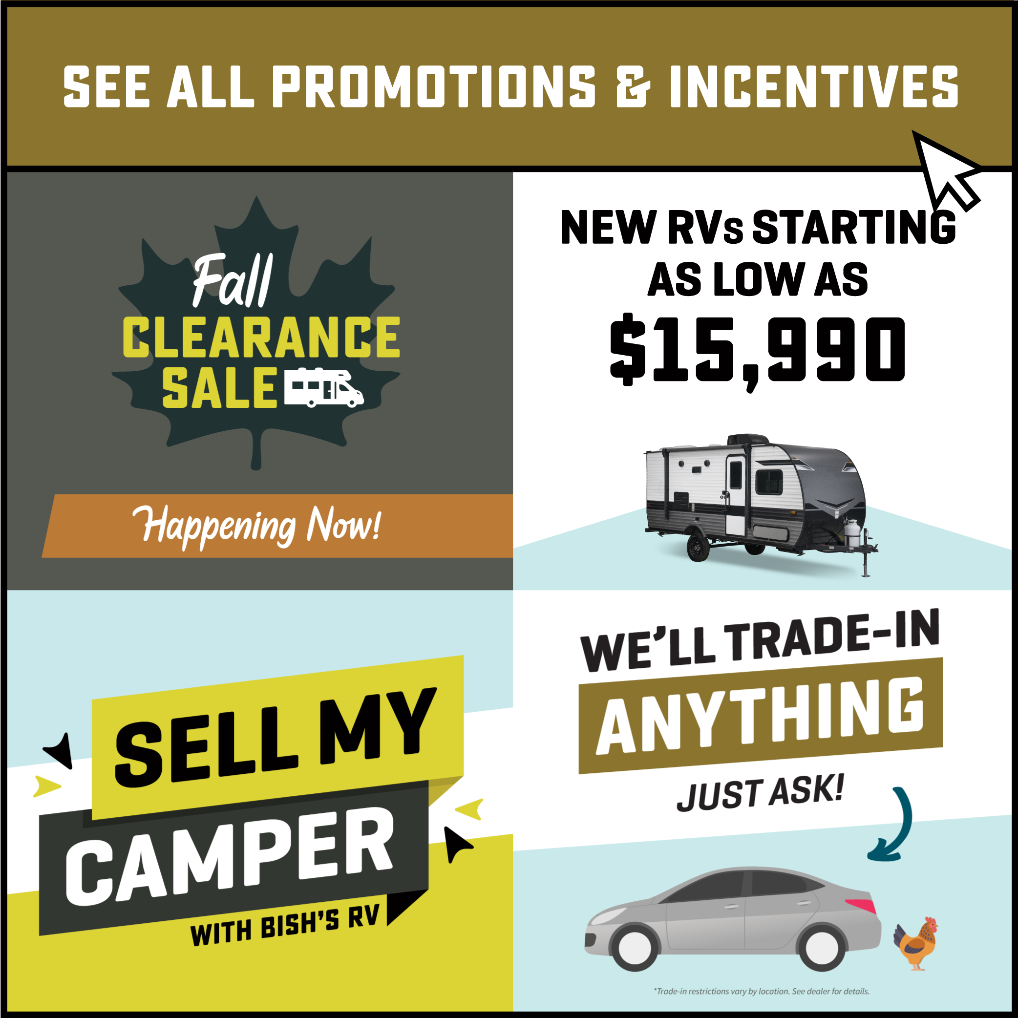 Current sales incentives, deals, and promotions happening at Bish's RV