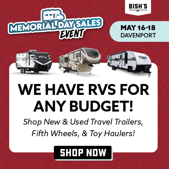 Shop our ENTIRE inventory of new and used travel trailers, fifth wheels, toy haulers, and more! Bish's RV of Davenport, IA