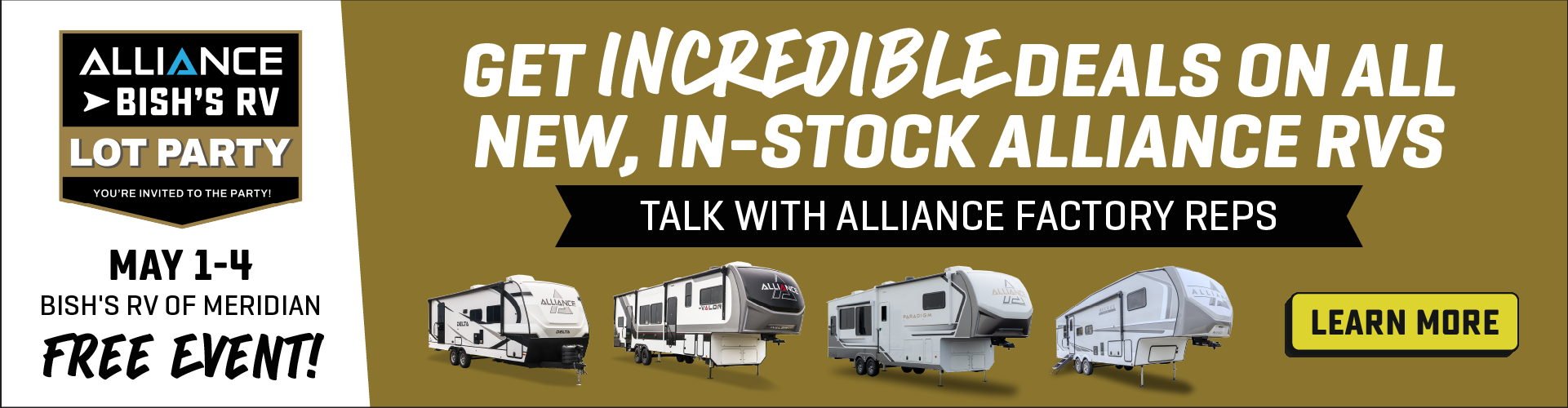 Incredible deals on new, in-stock Alliance RVs - Alliance & Bish's RV Lot Party - May 1-4, 2025 - Bish's RV of Meridian