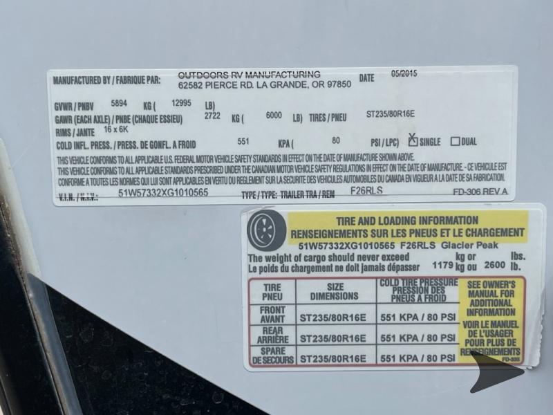 Used 2016 Outdoors RV Glacier Peak F26RLS Fifth Wheel at Bish's RV