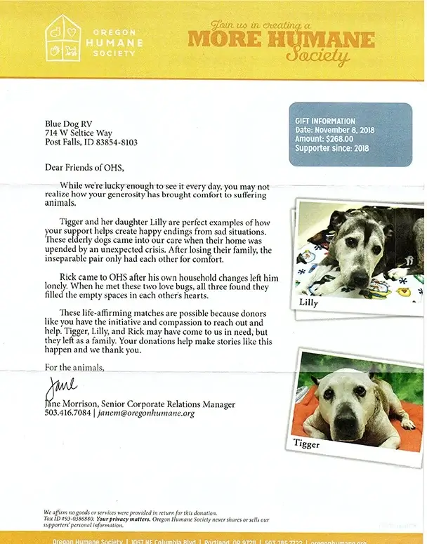 Oregon Humane Society letter
