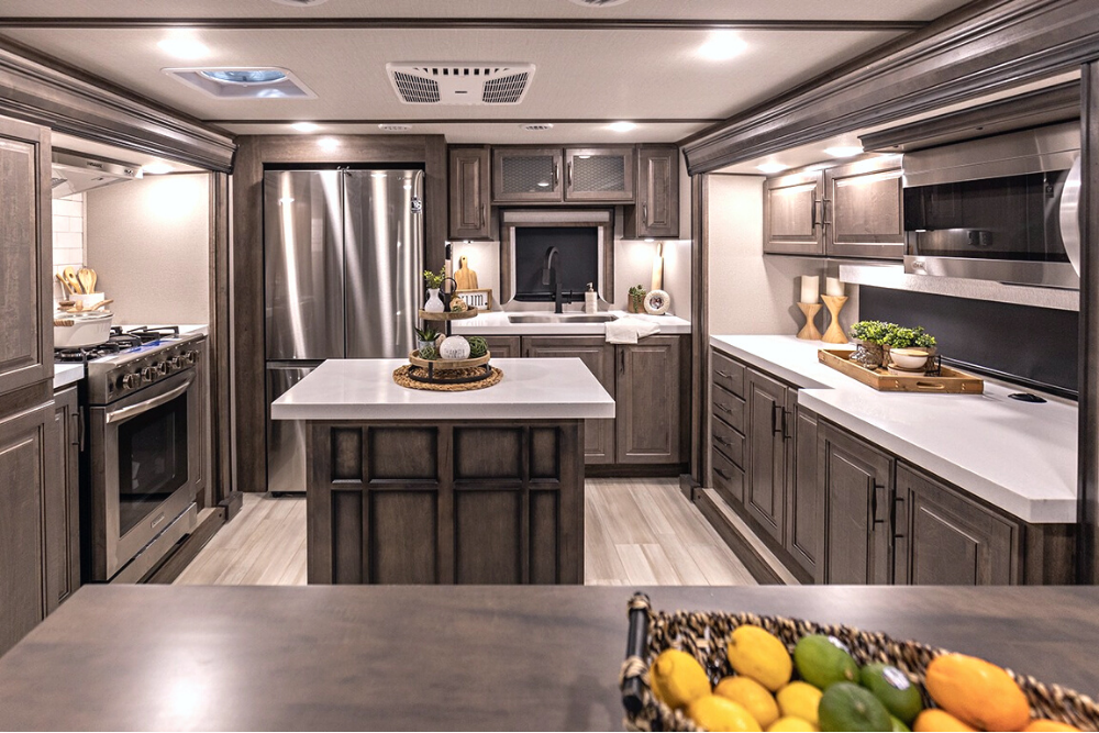 travel trailer with a rear kitchen