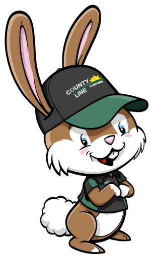 Rabbit wearing a County Line Campers hat