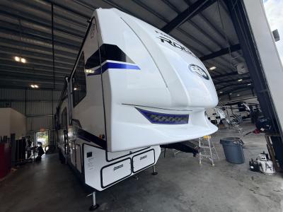 Front view of new 2026 Forest River Vengeance Rogue Armored 4015 Toy Hauler