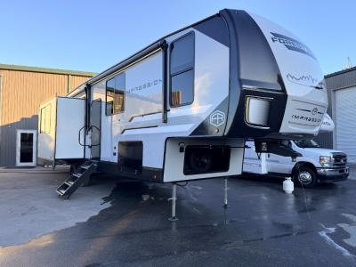 New 2026 Forest River RV Impression 36BR3 fifth wheel with 20' and 14' powered awning and a slide extended