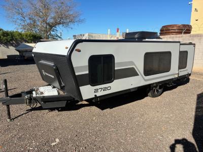 Trailer folded down to 20' long and 6'8" high