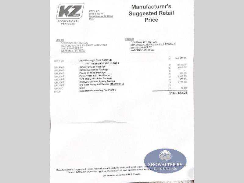 New 2025 KZ Durango Gold G388FLS Fifth Wheel at Showalter RV