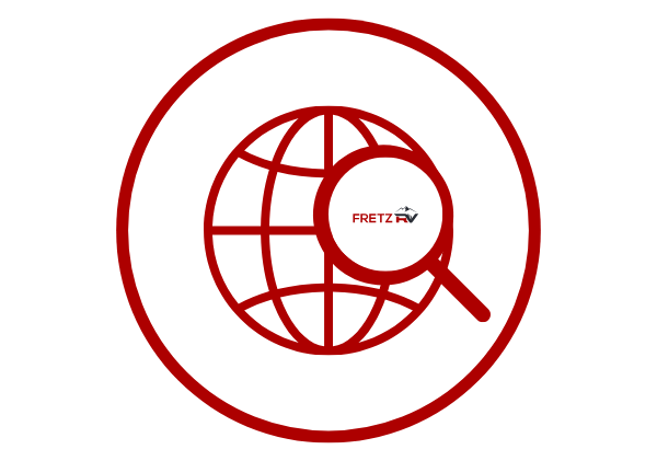 Search the world icon with Fretz RV logo, symbolizing RV browsing