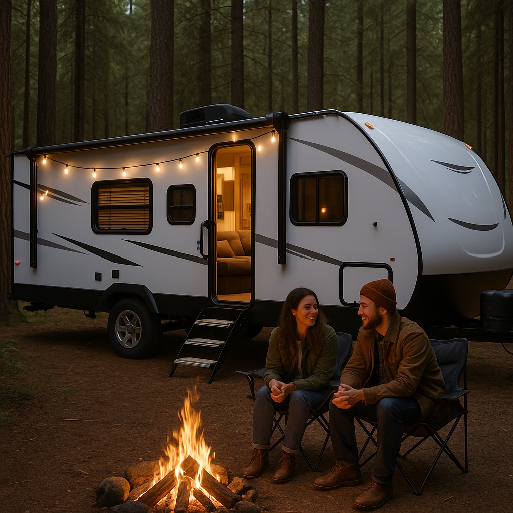 Travel trailer at a scenic campsite