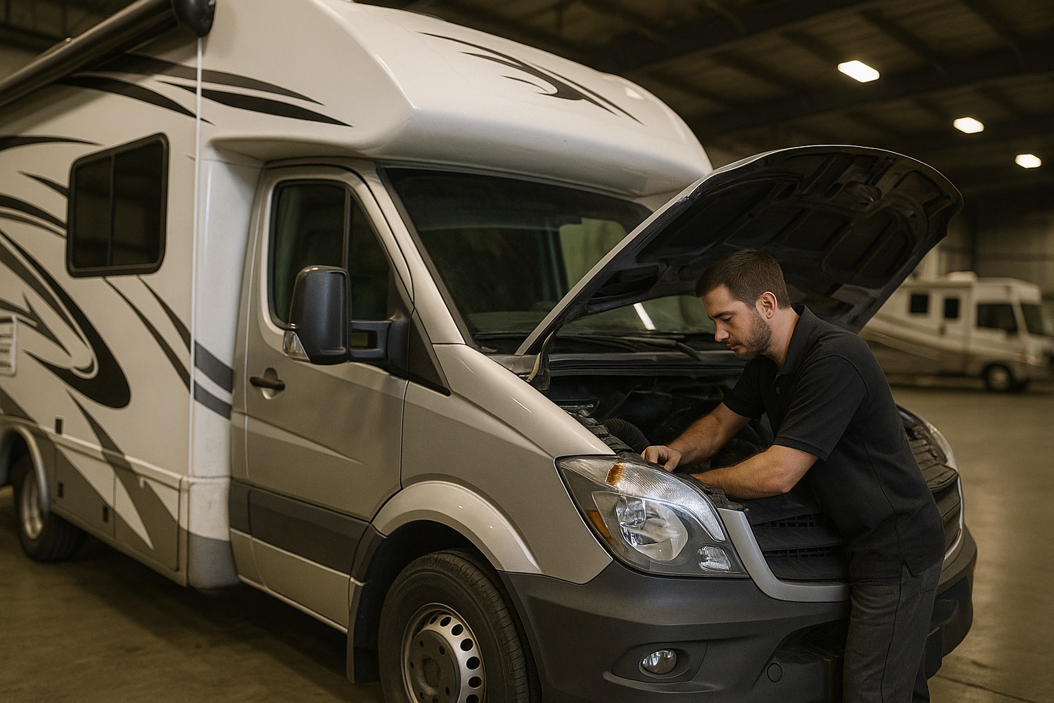 RV Service bay with technician working