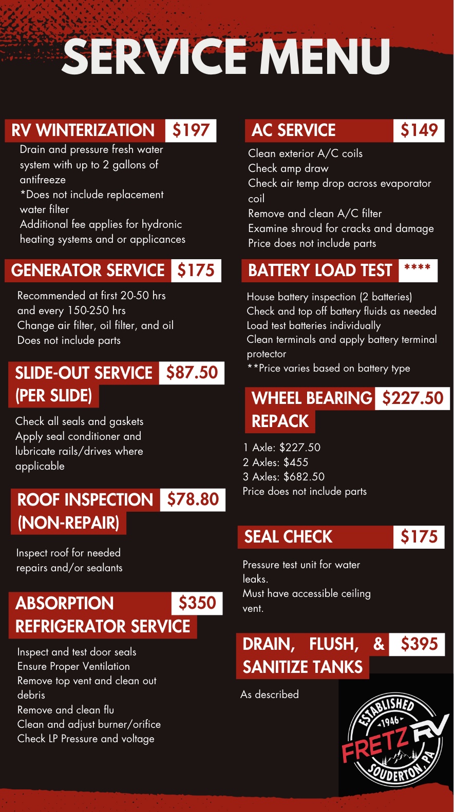 Service Menu Fretz RV