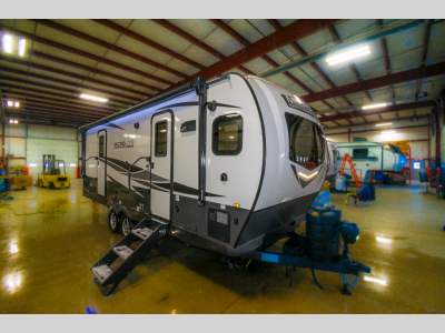 Front exterior of the 2024 Flagstaff Micro Lite 25FKBS with LED lights and modern design