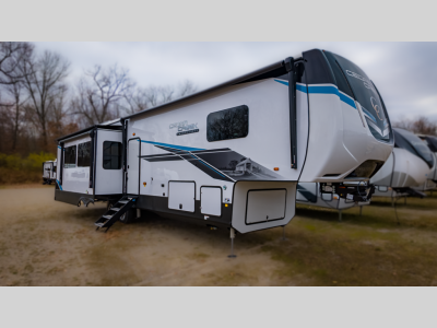 Front angle exterior view of the 2024 Forest River Cedar Creek 391WOW.