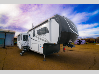 Angled front view of the 2025 Jayco North Point 390CKDS fifth wheel.