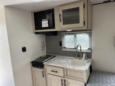 Kitchen area with microwave, cooktop, sink, and ample overhead storage