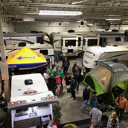 Hemlock Hill RV Interior Showroom With Customers