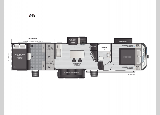 Floorplan - 2024 Carbon 348 Toy Hauler Fifth Wheel