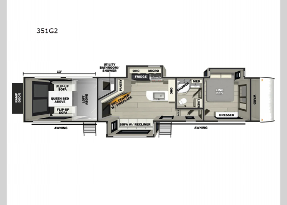 Floorplan - 2025 Vengeance Rogue Armored 351G2 Toy Hauler Fifth Wheel