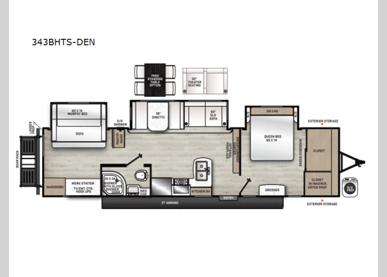 Floorplan - 2025 Catalina Legacy Edition 343BHTS-DEN Travel Trailer