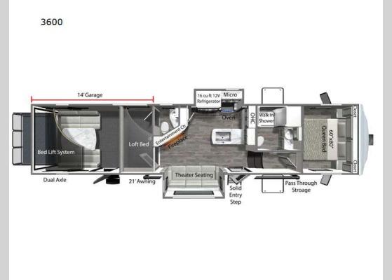 Floorplan - 2024 Voltage V-Series 3600 Toy Hauler Fifth Wheel