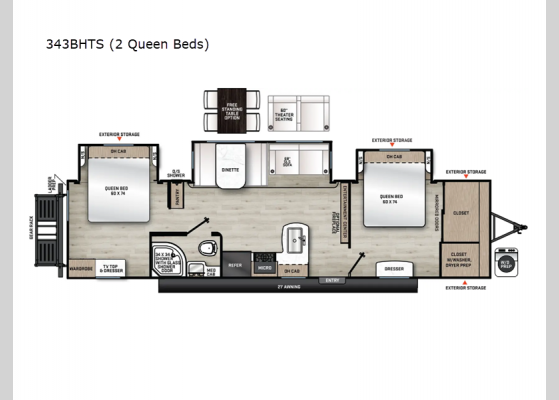 Floorplan - 2024 Catalina Legacy Edition 343BHTS 2 Queen Beds Travel Trailer