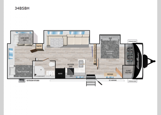 Floorplan - 2024 Eddie Bauer 34BSBH Travel Trailer