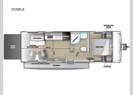 Floorplan - 2024 Shockwave 2530RLE Toy Hauler Travel Trailer