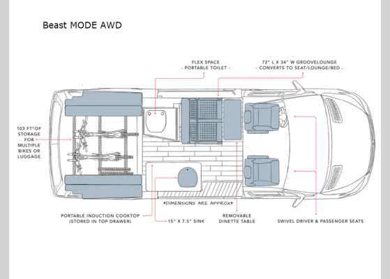Floorplan - 2023 Storyteller Overland Beast MODE AWD Motor Home Class B - Diesel
