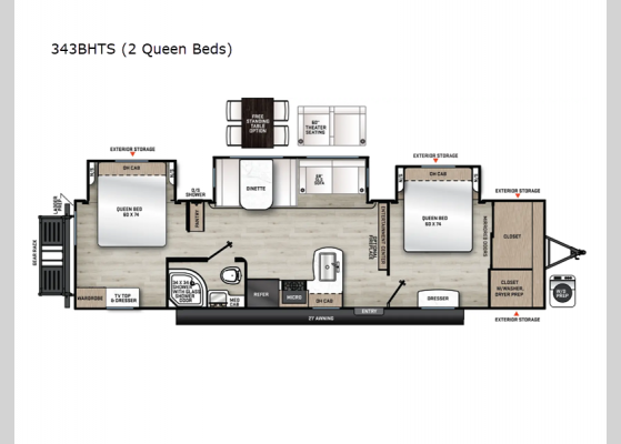 Floorplan - 2026 Catalina Legacy Edition 343BHTS 2 Queen Beds Travel Trailer