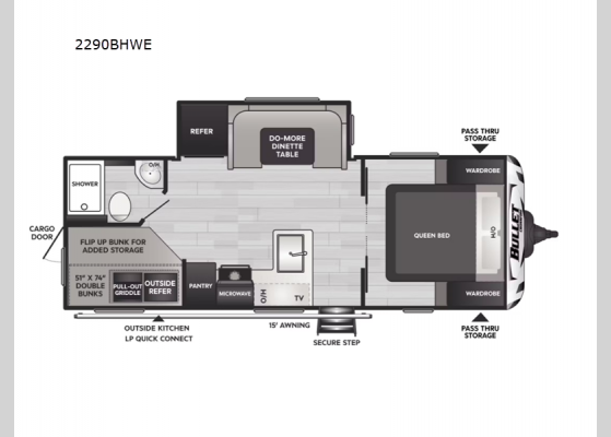 Floorplan - 2024 Bullet Crossfire Double Axle 2290BHWE Travel Trailer