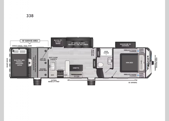 Floorplan - 2025 Raptor Carbon Series 338 Toy Hauler Fifth Wheel