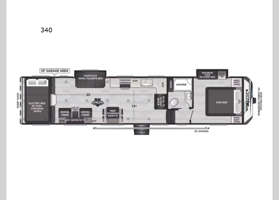 Floorplan - 2025 Raptor Carbon Series 340 Toy Hauler Fifth Wheel