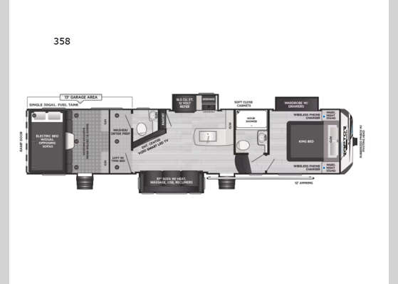 Floorplan - 2025 Raptor Carbon Series 358 Toy Hauler Fifth Wheel