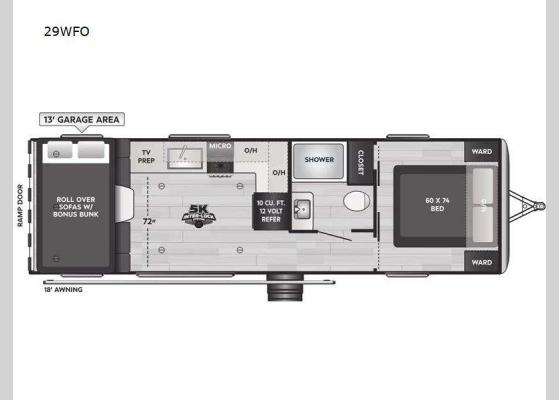 Floorplan - 2025 Raptor Carbon Series 29WFO Toy Hauler Travel Trailer