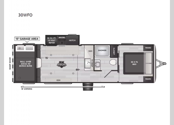 Floorplan - 2025 Raptor Carbon Series 30WFO Toy Hauler Travel Trailer