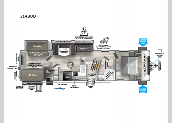 Floorplan - 2025 Wildwood Heritage Glen 314BUD Travel Trailer