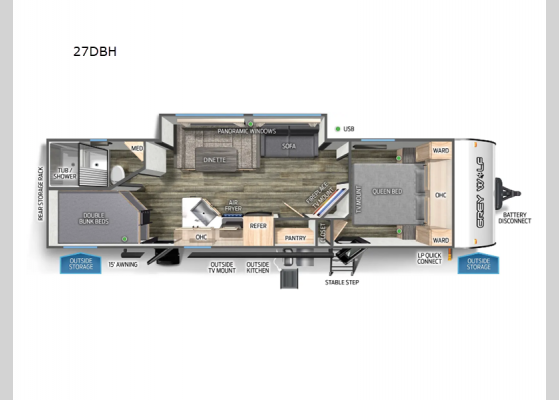 Floorplan - 2025 Cherokee Grey Wolf 27DBH Travel Trailer