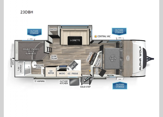 Floorplan - 2025 Cherokee Alpha Wolf 23DBH Travel Trailer