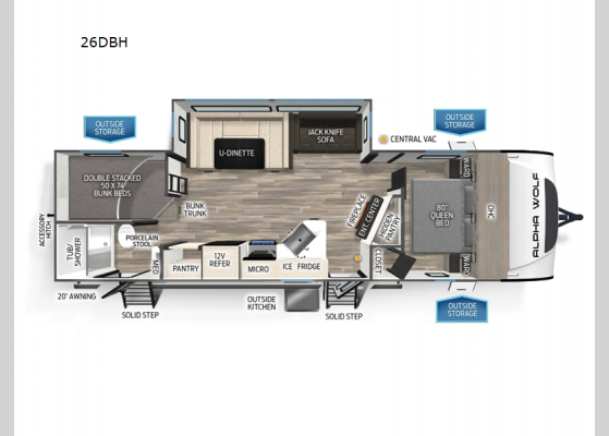 Floorplan - 2025 Cherokee Alpha Wolf 26DBH Travel Trailer