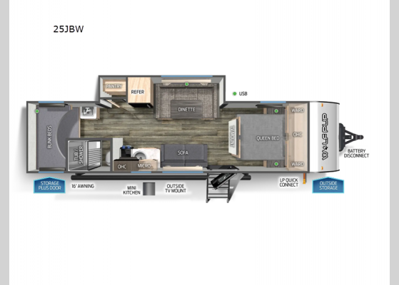 Floorplan - 2025 Cherokee Wolf Pup 25JBW Travel Trailer