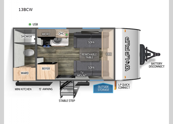 Floorplan - 2025 Cherokee Wolf Pup 13BCW Travel Trailer