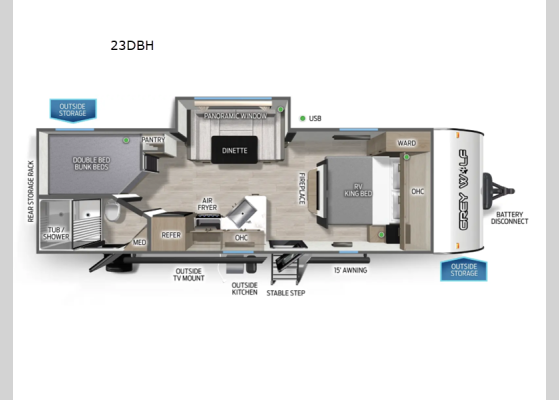 Floorplan - 2026 Cherokee Grey Wolf 23DBH Travel Trailer