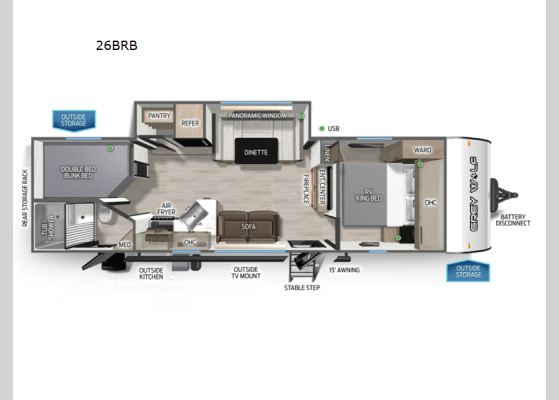 Floorplan - 2026 Cherokee Grey Wolf 26BRB Travel Trailer