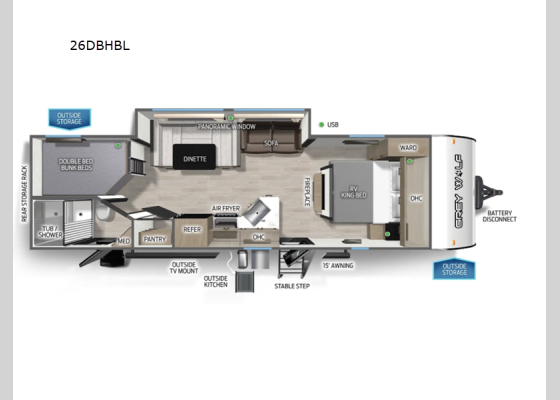 Floorplan - 2026 Cherokee Grey Wolf Black Label 26DBHBL Travel Trailer