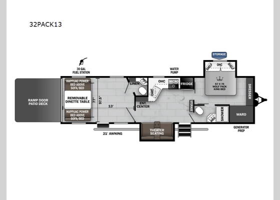 Floorplan - 2024 Cherokee Wolf Pack 32PACK13 Toy Hauler Travel Trailer