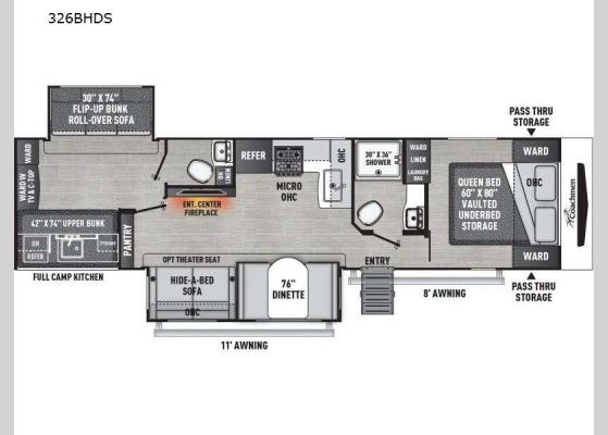 Floorplan - 2025 Freedom Express Ultra Lite 326BHDS Travel Trailer