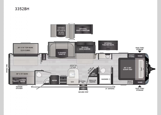 Floorplan - 2024 Passport GT 3352BH Travel Trailer