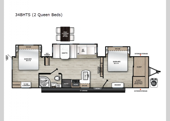 Floorplan - 2025 Aurora 34BHTS (2 Queen Beds) Travel Trailer